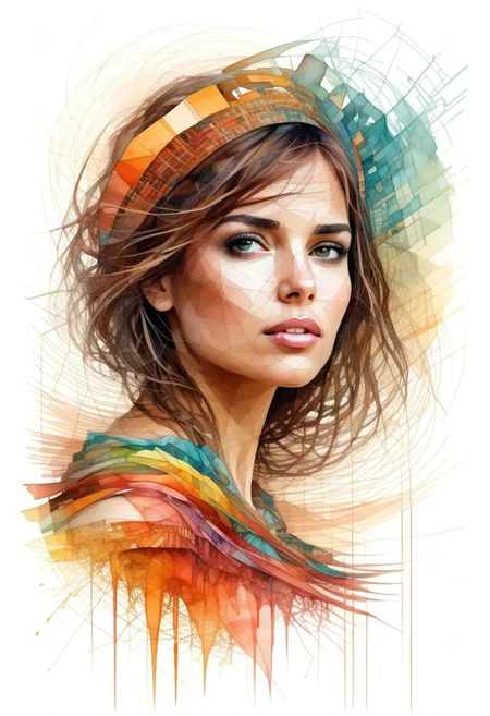 A beautiful girl, digital watercolor Illustration, summers cape sunrise, complex contrast, highly details, geometric Bauhaus abstract vector fractal, in style of Carne Griffiths, triadic colors, wave function