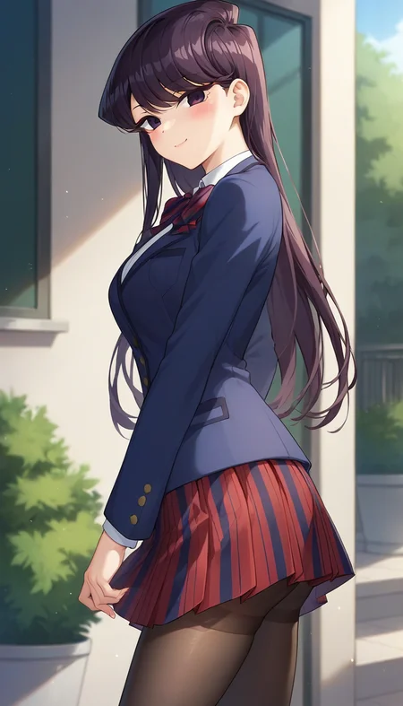 score_9,score_8_up,score_7_up,score_6_up BREAK official art,solo,outdoors,upper body,(portrait:1.5),looking at viewer,facing viewer,smile,blush,Komi Shouko,long hair,black hair,sidelocks,swept bangs,black eyes,school uniform,blue jacket,blazer,collared shirt,white shirt,red bowtie,striped bowtie,diagonal-striped bow,medium breasts,skindentation,long sleeves,red skirt,pleated skirt,striped skirt,black pantyhose,loafers,<lora:Komi Shouko(kcc)-Pony:1.2>,