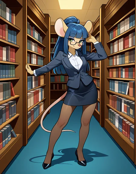 masterpiece, best quality, very aesthetic, absurdres,
indoors, library,
office lady, pencil skirt,
full body, standing, posing,
seductive smile, parted lips, long eyelashes,
<lora:Dewey_Teagarden_v01_NAIXL:1>
D3w3y,1girl,solo,furry,furry female,mouse girl,mouse ears,long hair,blue hair,high ponytail,sidelocks,blunt bangs,green eyes,semi-rimless eyewear,snout,animal nose,body fur,yellow fur,mouse tail,