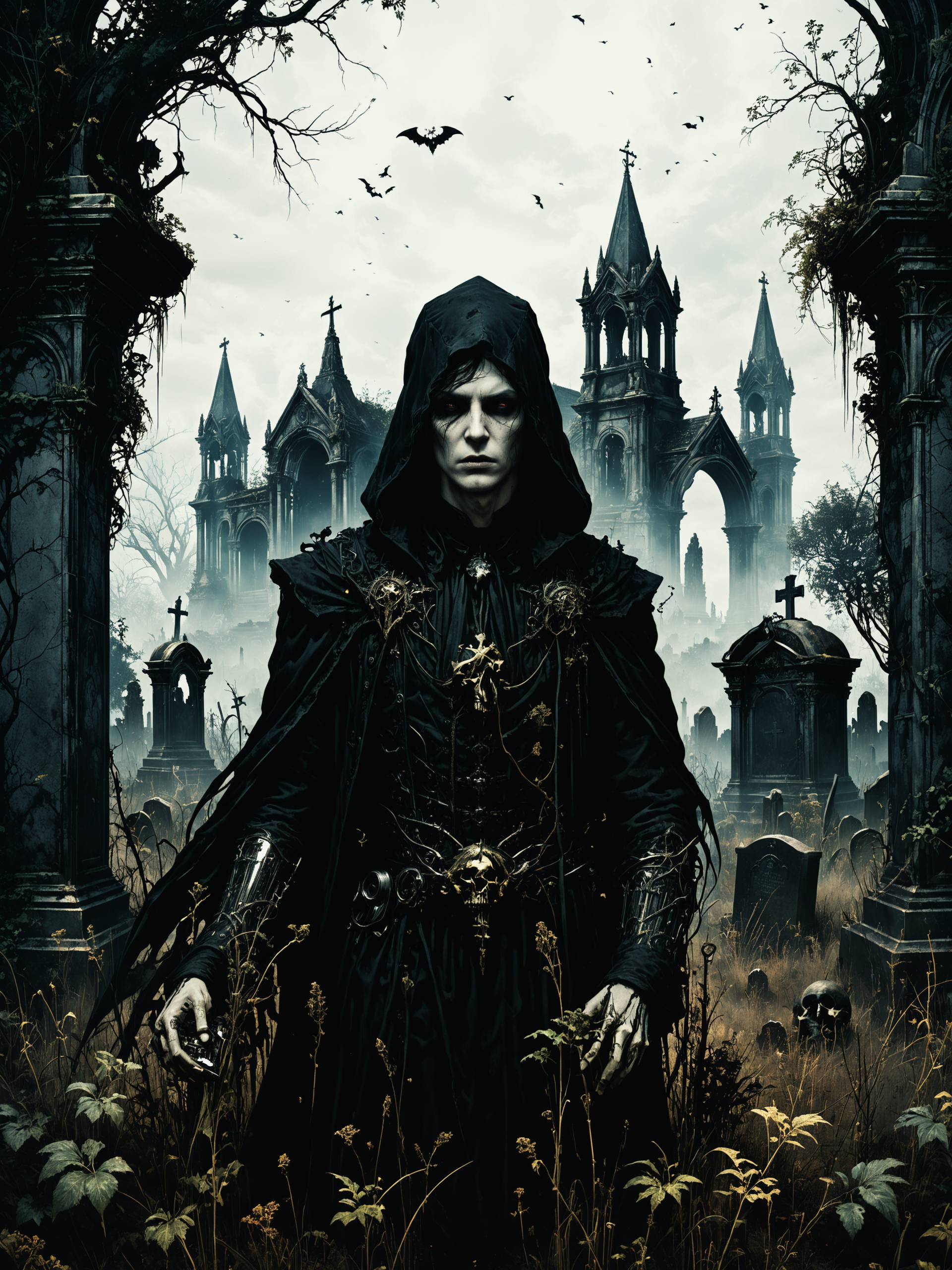 macabre style, digital illustration of Psionic infiltrator extracting information through mental probing, Forgotten, overgrown graveyard with ancient mausoleums in the background,,, dark, gothic, grim, haunting, highly detailed photorealistic, octane render, 8k, unreal engine, art by Artgerm and Greg Rutkowski and Alphonse Mucha   <lora:Misty_Vintage:0.5> <lora:xl_more_art-full_v1:0.5>
