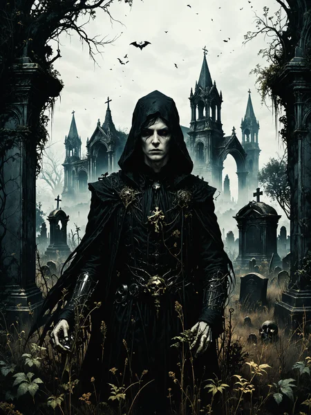 macabre style, digital illustration of Psionic infiltrator extracting information through mental probing, Forgotten, overgrown graveyard with ancient mausoleums in the background,,, dark, gothic, grim, haunting, highly detailed photorealistic, octane render, 8k, unreal engine, art by Artgerm and Greg Rutkowski and Alphonse Mucha   <lora:Misty_Vintage:0.5> <lora:xl_more_art-full_v1:0.5>