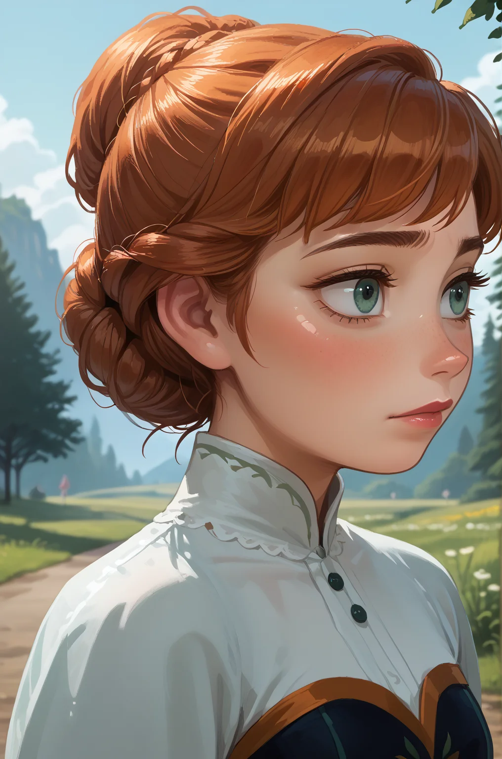1girl, solo, outdoors, upper body, closed up,
<lora:Anna_-_Frozen_Pony:0.8> Anna, , score_9, score_8_up, score_7_up, source anime, (shiny skin:1.20),