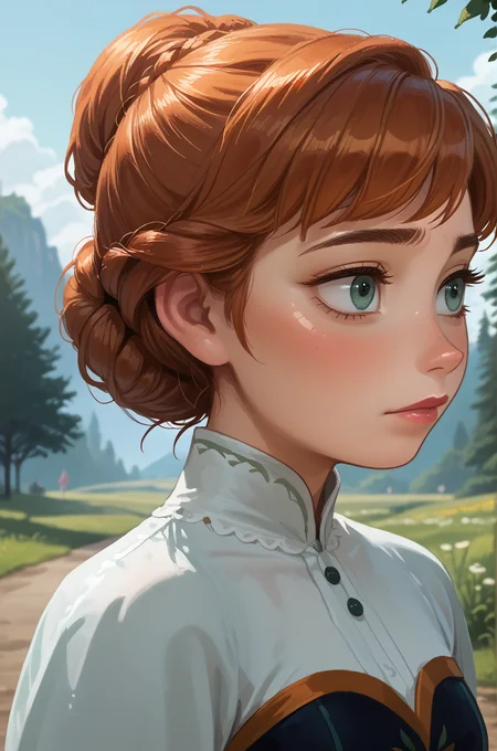 1girl, solo, outdoors, upper body, closed up,
<lora:Anna_-_Frozen_Pony:0.8> Anna, , score_9, score_8_up, score_7_up, source anime, (shiny skin:1.20),