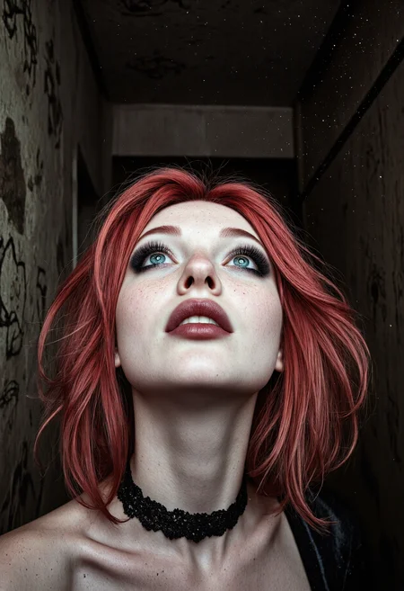 Cinematic low-light photo, closeup portrait of gorgeous pale woman with long red hair in a tousled eccentric style. Her head is tilted upwards to the side with a curious expression of wonder. She is wearing intense makeup dominated by excessive use of black eyeshadow and lipstick. A lace choker can be seen adorning her slender neck. The overall style is unconventional and avant-garde. Her piercing light blue eyes contrast against the dark makeup. The setting is a narrow corridor with occult and alchemical symbols carved into the walls. Volumetric lighting with dust glistening dust particles accentuate the atmosphere of the dark scenery. The image is highly detailed and hyper realistic, its composition asymmetrical and dynamic. Detailed skin with freckles <lora:flux_SkinDetails_v8> <lora:flux_UltraRealPhoto> <lora:flux_willowwisdom>