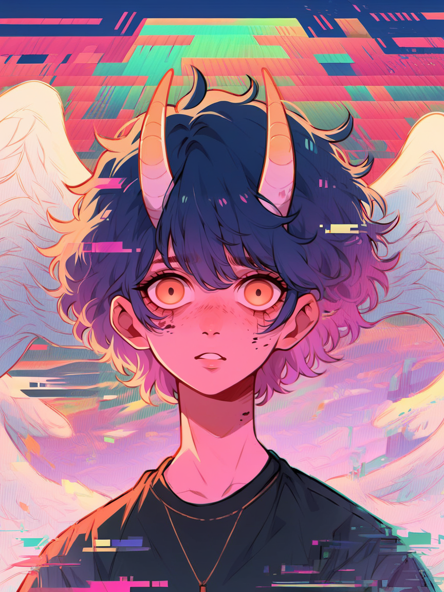 score_9, score_8_up, score_7_up, score_6_up, score_5_up, score_4_up,   <lora:gl1tchXLP:1> gl1tch, 1girl, glitch, portrait, angel, horns