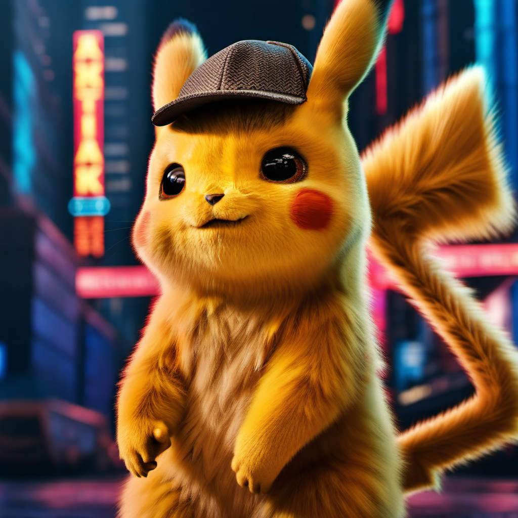 DetectivePikachu1024 wearing a cap, cyberpunk city background, highly detailed , photography, ultra sharp, film, bokeh, professional, 4k, highly detailed   <lora:add-detail-xl:1.5>  <lora:Ulysse31-768:0.7> <lora:DetectivePikachu1024:0.8>