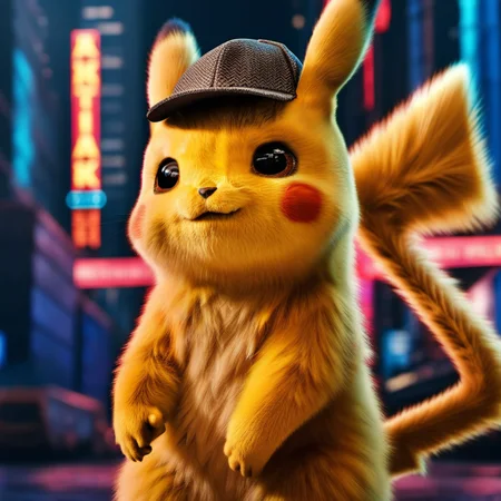DetectivePikachu1024 wearing a cap, cyberpunk city background, highly detailed , photography, ultra sharp, film, bokeh, professional, 4k, highly detailed   <lora:add-detail-xl:1.5>  <lora:Ulysse31-768:0.7> <lora:DetectivePikachu1024:0.8>