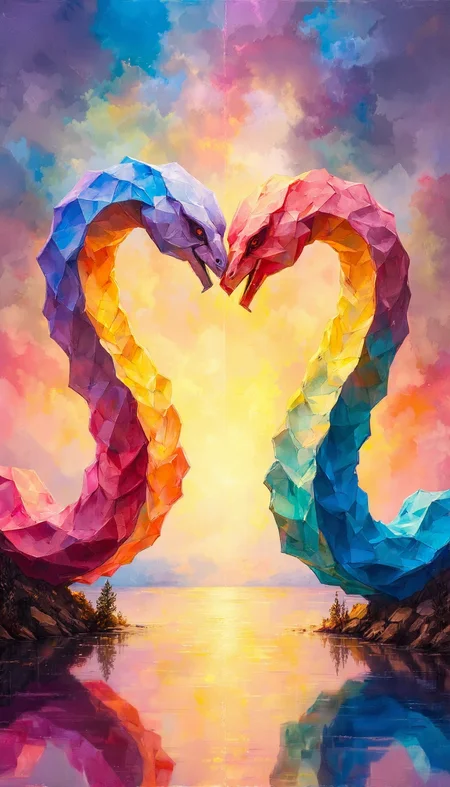 Origami world, two paper snakes forming a heart on a lake, a paper sunset in the background, vibrant glow
