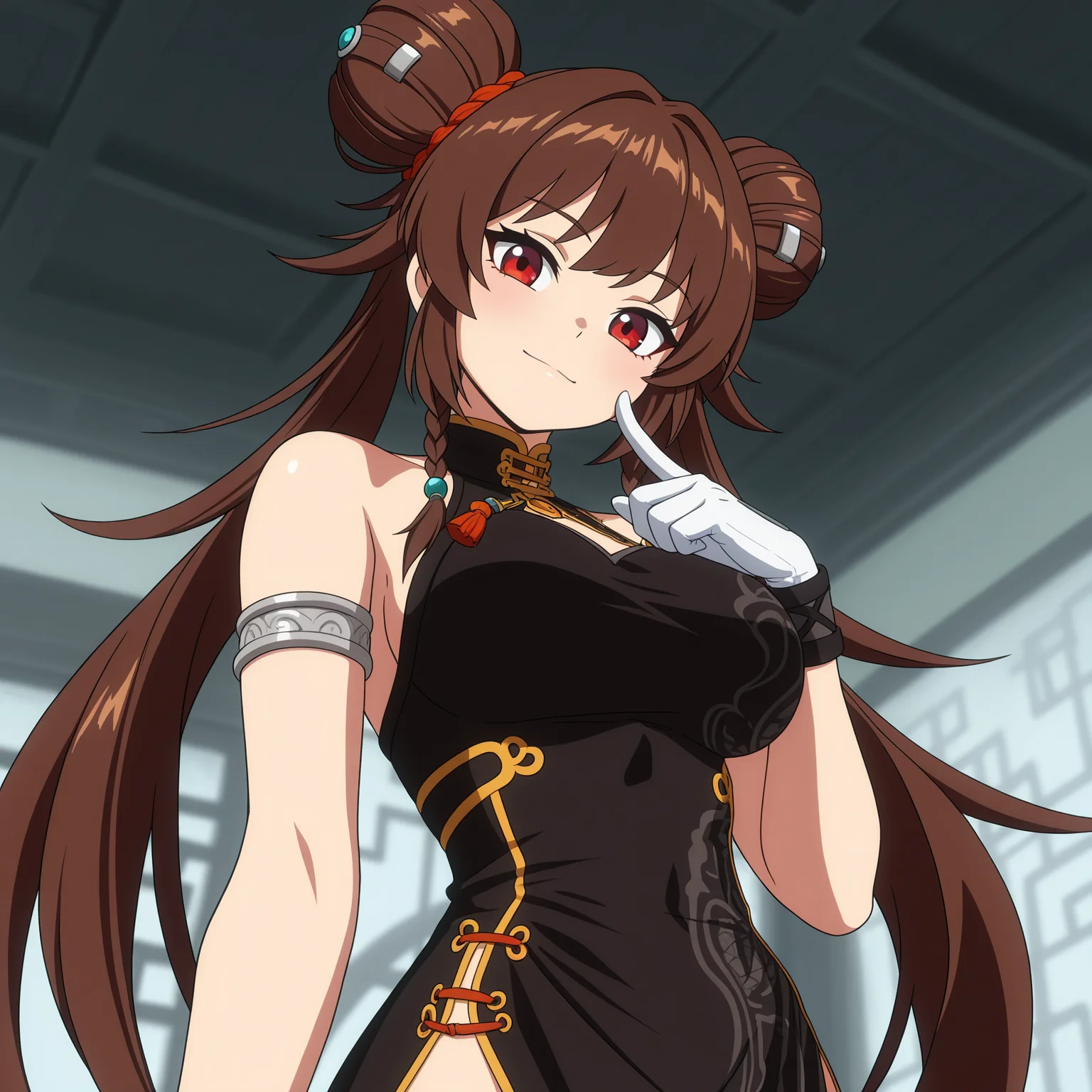 masterpiece, best quality, amazing quality, anime screencap, 1girl, solo, standing, upper body, from below, finger to cheek, head tilt, light smile, <lora:NenMasterDNF:0.9>, NenMasterDNF, brown hair, double bun, twintails, large breasts, red eyes, black china dress, bare shoulders, side slit, white gloves, black thighhighs