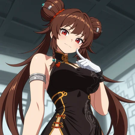masterpiece, best quality, amazing quality, anime screencap, 1girl, solo, standing, upper body, from below, finger to cheek, head tilt, light smile, <lora:NenMasterDNF:0.9>, NenMasterDNF, brown hair, double bun, twintails, large breasts, red eyes, black china dress, bare shoulders, side slit, white gloves, black thighhighs