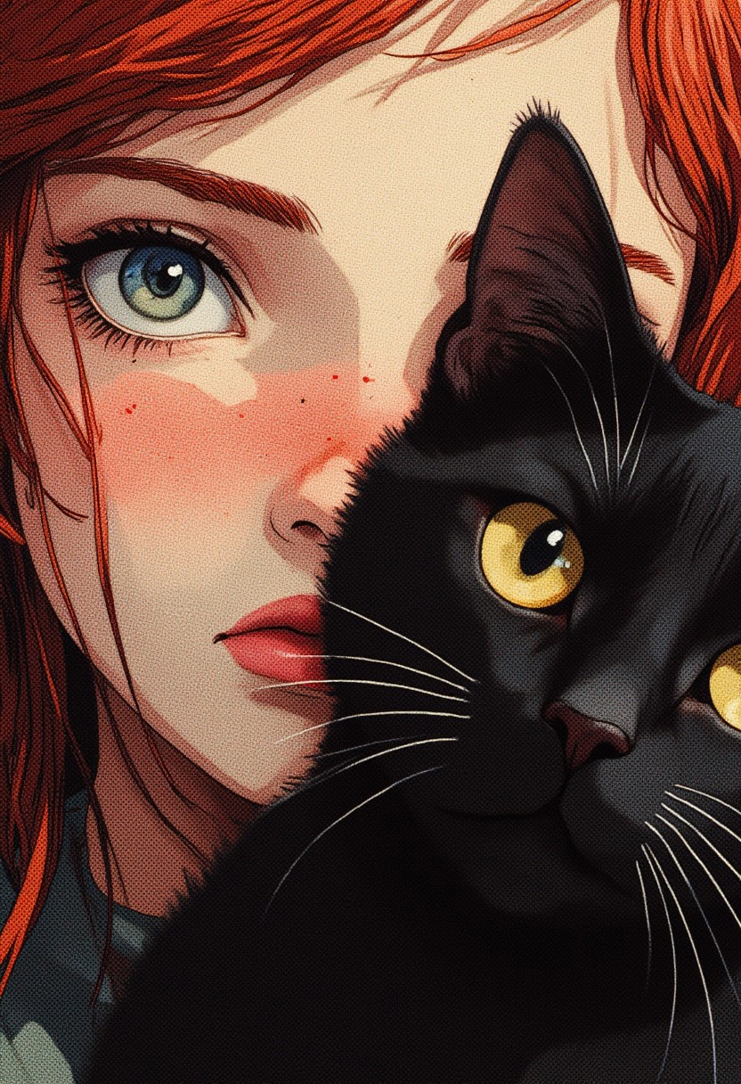 girl 18 yearsd old, with freckles, cute,  her face partly covered by a black cat's face. The girl has light green eyes, while the cat's large, golden eyes stare outwards. The lighting creates a soft, painterly effect, blending the features of the girl and the cat together. The cat’s dark fur contrasts against the girl's pale complexion and her red hair, creating a sense of surreal connection between the two. The overall tone is calm yet slightly mysterious, evoking a dreamlike atmosphere.
Photorealistic, 8k, deep shadows,