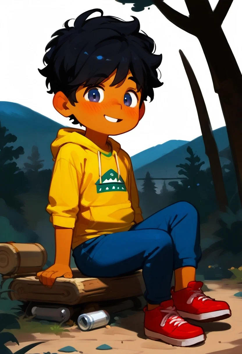 score_9, score_8_up, score_8, ((high_quality)), ((Super_Detailed)), 1boy,(max (camp camp),:1.2) solo, hood, blue hoodie,chubby, yellow shirt, blue pants, red shoes, (curly black hair,:1.2) dark skin ,cute, chibi, small body, cartoony, cartoon style, (by ardidon:1.2),max ((Super_Detailed)),camp background, cartoony, cartoon style, (by ardidon:1.2),max, dynamic angle, side view, view from the side, full body, excited face, fear face, blushing, digital art, c4toony style