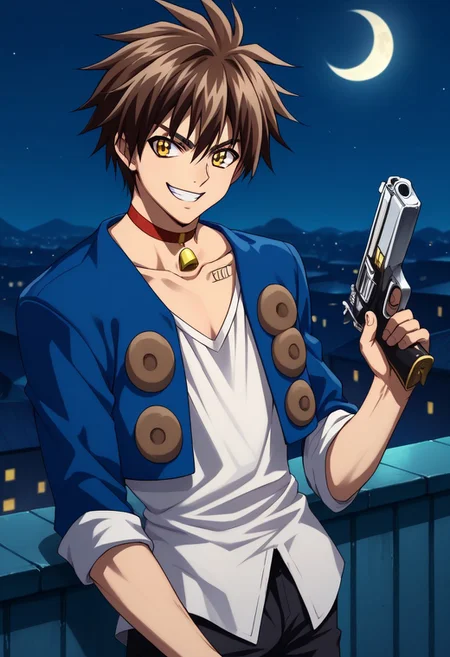 score_9, score_8_up, score_7_up, source_anime, highly detailed,
TraiHea, weapon, gun, solo, brown hair, 1boy, male focus, smile, yellow eyes, choker, handgun, grin, bell, neck bell, jacket, blue jacket, rolled up sleeves, white shirt, upper body,
outdoor, night, moon, roof,