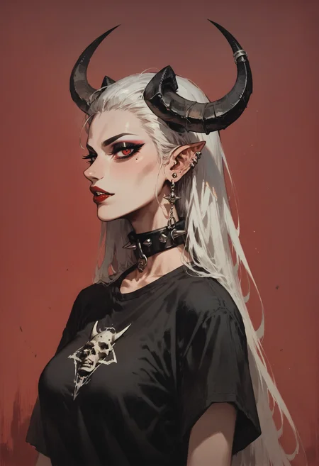 score_9, score_8_up, score_7_up score_9, score_8_up, score_7_up, score_6_up, score_5_up, score_4_up,
<lora:NeonFantasyNocturneV10:1> cult1st,
1girl, solo, long hair, breasts, looking at viewer, simple background, shirt, red eyes, jewelry, upper body, white hair, earrings, parted lips, choker, artist name, from side, collar, black shirt, profile, makeup, piercing, demon girl, demon horns, ear piercing, lipstick, red background, eyeshadow, spikes, red lips, black horns, spiked collar