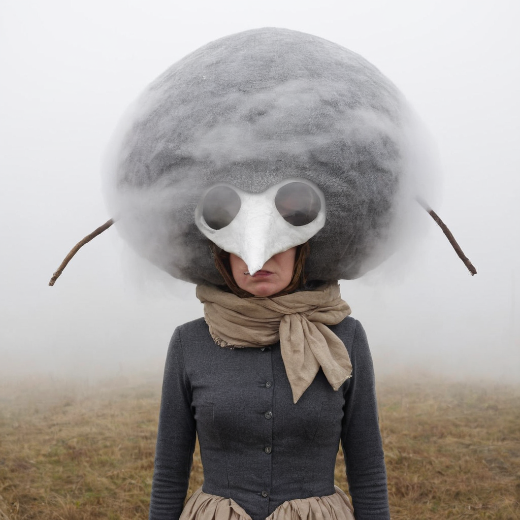 <lora:SDXL_Mask_Sa_May:1> mask,  woman in a costume with a large head, fog