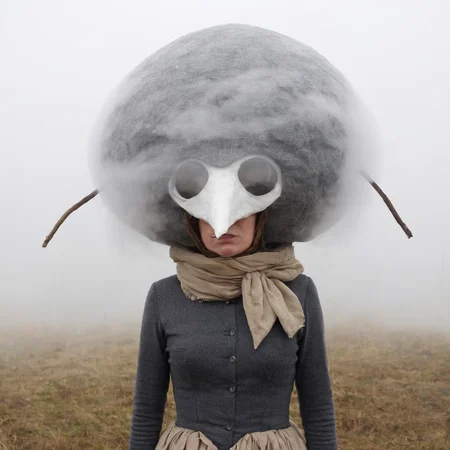 <lora:SDXL_Mask_Sa_May:1> mask, woman in a costume with a large head, fog
