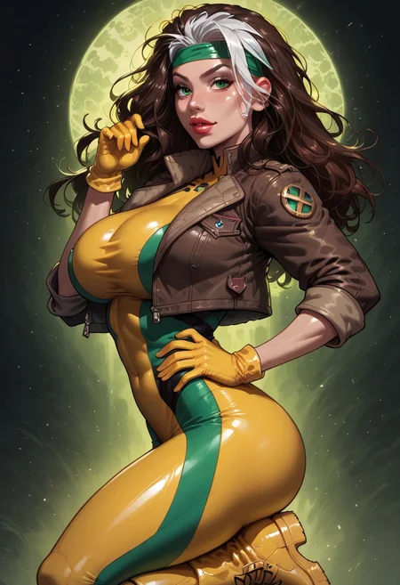 safe_pos, score_9, score_8_up, score_7_up, masterpiece, best quality, Flint_SR_Style
BREAK 
1girl, solo, up, RogueXMXL, green eyes, brown hair, two-tone hair, long hair, headband, large breasts, round breasts, cropped jacket, brown jacket, sfw, yellow gloves, yellow boots, yellow-green bodysuit, perfect anatomy
BREAK 
 side view, textured skin, green background, medium long shot 
BREAK
Posing sexy, hand on hip,