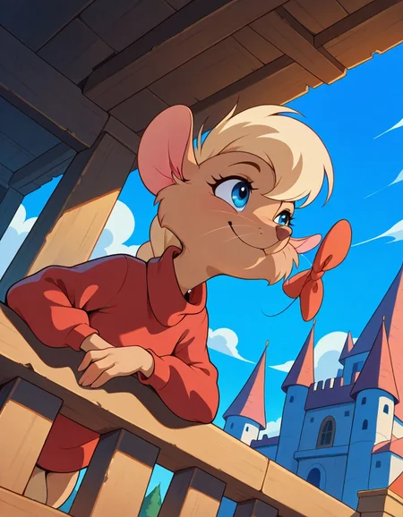 masterpiece, best quality, amazing quality, masterpiece, newest, absurdres, safe, , very aesthetic, absurdres,  jennynimh2, anthro, furry female, mouse tail, blue eyes, mouse ears, mouse girl, brown fur, whiskers, blonde hair, long hair, braided ponytail, red turtleneck sweater, long sleeves, red bow, happy, smile, leaning against balcony, dynamic pose, ((upper body)), dynamic pose, dynamic angle, dramatic angle, closed mouth, outside, castle, sunny, blue sky volumetric lighting, looking at the sky,  , <lora:3d2116e4-c604-49e7-800c-60beed9a4787:1.2>
