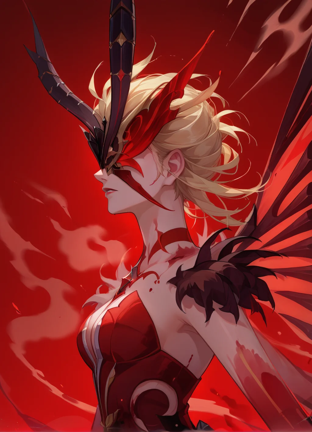 of score_9, score_8_up, score_7_up, source_anime,, upper body,blurred background, (fog:1.2),blood,red background, solo, 1girl, signorawitch,wings, mask, blonde hair, <lora:signorawitch:0.8>