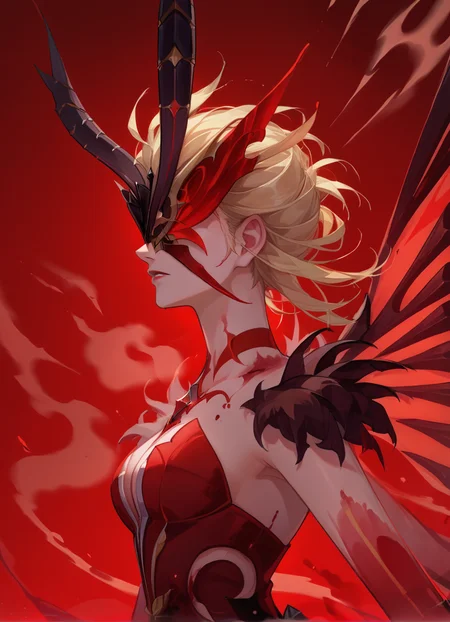 of score_9, score_8_up, score_7_up, source_anime,, upper body,blurred background, (fog:1.2),blood,red background, solo, 1girl, signorawitch,wings, mask, blonde hair, <lora:signorawitch:0.8>