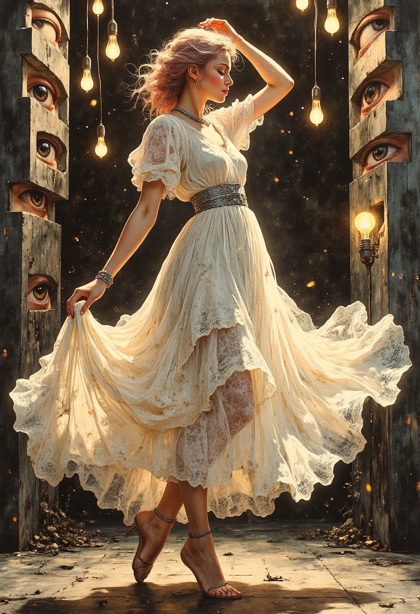 A striking scene rendered in hyper-realistic detail, capturing the haunting beauty and surreal elegance of a woman poised gracefully in a pirouette within a modern, dimly lit space. The composition is infused with a dynamic, avant-garde ambiance, blending ethereal beauty with an unsettling, voyeuristic edge that evokes a sense of modern femininity and artistic depth. The interplay of soft, golden light and deep shadows creates a cinematic atmosphere that is both intimate and eerie.
She stands poised on one delicate foot, her body balanced with impeccable grace as she spins lightly on the ball of her foot, her other leg lifted gracefully behind her in perfect alignment. Her posture is fluid and harmonious, her body curving elegantly as she maintains her delicate, ethereal pose. Her slender arms are raised in a graceful arc above her head, her fingers curled softly, enhancing her delicate, angelic presence. Her posture exudes a sense of poised vulnerability, capturing the fleeting beauty of the moment with serene, melancholic elegance.
She is dressed in a sheer, layered white lace dress that cascades around her body in flowing, translucent waves. The delicate fabric is impossibly light, rippling and fluttering around her slender form as she twirls gracefully, enhancing the sense of fluid movement and ethereal beauty. The lace is intricately detailed, adorned with swirling floral patterns and delicate filigree designs that shimmer faintly under the dim golden light. The translucent layers subtly reveal the elegant contours of her figure beneath, enhancing her delicate femininity while maintaining an air of modesty and grace.
The hem of her lace dress flows gracefully around her legs, swirling in delicate arcs that echo the flowing, curved lines of her posture. The delicate layers of fabric are crafted with impossibly fine lace that catches the soft, golden glow of the vintage lightbulbs, reflecting delicate, shimmering highlights that enhance her ethereal, otherworldly presence. The flowing lace is impossibly delicate, blending seamlessly with the dimly lit background and enhancing the surreal, dreamlike ambiance of the scene.
Her curly, pastel pink hair cascades down her back in loose, voluminous waves, its delicate, muted hues glowing softly as they catch the dim, golden light. The flowing curls ripple gracefully with the slightest movement, enhancing the fluid, harmonious composition of the scene. Her hair is impossibly soft and silky, its delicate pastel shades complementing the ethereal white lace of her dress, enhancing her angelic, delicate presence. Some curls fall loosely around her face, framing her serene, introspective expression with delicate, flowing lines.
Delicate silver jewelry adorns her neck, wrists, and fingers, glistening softly in the dim golden light. She wears a thin, elegant silver choker adorned with delicate, swirling patterns that mirror the floral designs on her lace dress. The choker rests gracefully against her exposed collarbone, catching the soft light and enhancing the delicate curve of her neck. Her wrists are adorned with delicate silver bracelets that glimmer faintly as they catch the dim light, adding a touch of delicate, understated luxury to her ethereal presence.
Her face is serene and introspective, her eyes gently closed as she twirls gracefully, her expression one of quiet melancholy and emotional depth. Her features are delicate and harmonious, her lips softly parted in a gentle, peaceful smile that conveys a sense of quiet acceptance and emotional vulnerability. Her long lashes cast delicate shadows on her flushed cheeks, emphasizing the tender vulnerability and serene beauty of her expression. Her face is illuminated by the soft, golden glow from the vintage lightbulbs, its warm, ethereal light enhancing the delicate contours of her face and emphasizing her angelic, otherworldly presence.
The background is a surreal, modern space infused with an avant-garde, artistic ambiance. Surrounding her are geometric wall panels with sharp, angular designs that create a dynamic, fragmented backdrop. The panels are sleek and minimalist, their reflective surfaces casting elongated shadows that enhance the dramatic, moody atmosphere. The angular lines of the geometric patterns contrast beautifully with the flowing curves of her lace dress and the delicate waves of her pastel hair, enhancing the harmonious, dynamic composition.
There is an eerie, voyeuristic presence within the geometric panels, as lifelike, hyper-realistic eyes peer through the holes in the wall, watching her every movement. The eyes are impossibly vivid and expressive, their detailed irises glistening softly with an eerie, lifelike glow. They vary in shape and size, some wide and curious, others half-lidded and melancholic, enhancing the unsettling, voyeuristic narrative. Their presence is haunting and surreal, adding a sense of tension and emotional depth to the composition.
Clusters of exposed vintage lightbulbs hang above her, their dim, golden glow casting a delicate, atmospheric radiance over her twirling form. The lightbulbs are intricately detailed, their filaments faintly visible as they emit a nostalgic, warm light that enhances the surreal, cinematic ambiance. The soft, golden light wraps around her figure, casting gentle, flowing shadows that enhance her delicate curves and ethereal presence.
Far above her head, an overhead soft spotlight casts a focused, golden beam that illuminates her figure with dramatic, dynamic contrasts. The spotlight is soft and diffused, creating delicate chiaroscuro effects that sculpt her form with gentle, flowing curves and delicate highlights. The focused light creates a dramatic, cinematic composition, enhancing her ethereal beauty and emphasizing the intricate lace details of her flowing dress.
The atmosphere is intimate and eerie, infused with a surreal, avant-garde edge that enhances the emotional depth and melancholic beauty of her poised, delicate form. The dim, golden light creates elongated, flowing shadows that blend seamlessly into the shadowy, fragmented background, enhancing the surreal, dreamlike ambiance. The interplay of light and shadow is fluid and harmonious, sculpting her form with flowing curves and delicate, ethereal highlights.
The color palette is rich and harmonious, dominated by soft whites, delicate pastel pinks, and warm golden hues that create a surreal, intimate ambiance. The warm, golden light enhances the soft blush of her skin and the delicate hues of her pastel hair, creating a harmonious, ethereal composition. The realistic film grain and delicate bokeh effect add a vintage, cinematic quality, enhancing the depth of field and drawing the viewer’s focus to her serene, introspective expression.
This hyper-realistic modern Art Nouveau styled painting is a masterful blend of ethereal beauty, surreal elegance, and dynamic movement. It captures the haunting, melancholic beauty of the striking woman amidst a surreal, avant-garde setting, embodying an aura of emotional depth, feminine grace, and otherworldly charm. Every element, from the glowing eyes to the flowing lace dress, contributes to the mystical, poetic narrative of serenity, mystery, and ethereal transcendence.