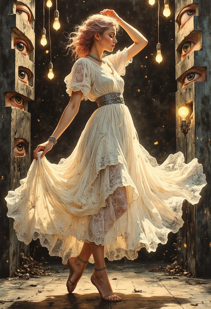 A striking scene rendered in hyper-realistic detail, capturing the haunting beauty and surreal elegance of a woman poised gracefully in a pirouette within a modern, dimly lit space. The composition is infused with a dynamic, avant-garde ambiance, blending ethereal beauty with an unsettling, voyeuristic edge that evokes a sense of modern femininity and artistic depth. The interplay of soft, golden light and deep shadows creates a cinematic atmosphere that is both intimate and eerie.
She stands poised on one delicate foot, her body balanced with impeccable grace as she spins lightly on the ball of her foot, her other leg lifted gracefully behind her in perfect alignment. Her posture is fluid and harmonious, her body curving elegantly as she maintains her delicate, ethereal pose. Her slender arms are raised in a graceful arc above her head, her fingers curled softly, enhancing her delicate, angelic presence. Her posture exudes a sense of poised vulnerability, capturing the fleeting beauty of the moment with serene, melancholic elegance.
She is dressed in a sheer, layered white lace dress that cascades around her body in flowing, translucent waves. The delicate fabric is impossibly light, rippling and fluttering around her slender form as she twirls gracefully, enhancing the sense of fluid movement and ethereal beauty. The lace is intricately detailed, adorned with swirling floral patterns and delicate filigree designs that shimmer faintly under the dim golden light. The translucent layers subtly reveal the elegant contours of her figure beneath, enhancing her delicate femininity while maintaining an air of modesty and grace.
The hem of her lace dress flows gracefully around her legs, swirling in delicate arcs that echo the flowing, curved lines of her posture. The delicate layers of fabric are crafted with impossibly fine lace that catches the soft, golden glow of the vintage lightbulbs, reflecting delicate, shimmering highlights that enhance her ethereal, otherworldly presence. The flowing lace is impossibly delicate, blending seamlessly with the dimly lit background and enhancing the surreal, dreamlike ambiance of the scene.
Her curly, pastel pink hair cascades down her back in loose, voluminous waves, its delicate, muted hues glowing softly as they catch the dim, golden light. The flowing curls ripple gracefully with the slightest movement, enhancing the fluid, harmonious composition of the scene. Her hair is impossibly soft and silky, its delicate pastel shades complementing the ethereal white lace of her dress, enhancing her angelic, delicate presence. Some curls fall loosely around her face, framing her serene, introspective expression with delicate, flowing lines.
Delicate silver jewelry adorns her neck, wrists, and fingers, glistening softly in the dim golden light. She wears a thin, elegant silver choker adorned with delicate, swirling patterns that mirror the floral designs on her lace dress. The choker rests gracefully against her exposed collarbone, catching the soft light and enhancing the delicate curve of her neck. Her wrists are adorned with delicate silver bracelets that glimmer faintly as they catch the dim light, adding a touch of delicate, understated luxury to her ethereal presence.
Her face is serene and introspective, her eyes gently closed as she twirls gracefully, her expression one of quiet melancholy and emotional depth. Her features are delicate and harmonious, her lips softly parted in a gentle, peaceful smile that conveys a sense of quiet acceptance and emotional vulnerability. Her long lashes cast delicate shadows on her flushed cheeks, emphasizing the tender vulnerability and serene beauty of her expression. Her face is illuminated by the soft, golden glow from the vintage lightbulbs, its warm, ethereal light enhancing the delicate contours of her face and emphasizing her angelic, otherworldly presence.
The background is a surreal, modern space infused with an avant-garde, artistic ambiance. Surrounding her are geometric wall panels with sharp, angular designs that create a dynamic, fragmented backdrop. The panels are sleek and minimalist, their reflective surfaces casting elongated shadows that enhance the dramatic, moody atmosphere. The angular lines of the geometric patterns contrast beautifully with the flowing curves of her lace dress and the delicate waves of her pastel hair, enhancing the harmonious, dynamic composition.
There is an eerie, voyeuristic presence within the geometric panels, as lifelike, hyper-realistic eyes peer through the holes in the wall, watching her every movement. The eyes are impossibly vivid and expressive, their detailed irises glistening softly with an eerie, lifelike glow. They vary in shape and size, some wide and curious, others half-lidded and melancholic, enhancing the unsettling, voyeuristic narrative. Their presence is haunting and surreal, adding a sense of tension and emotional depth to the composition.
Clusters of exposed vintage lightbulbs hang above her, their dim, golden glow casting a delicate, atmospheric radiance over her twirling form. The lightbulbs are intricately detailed, their filaments faintly visible as they emit a nostalgic, warm light that enhances the surreal, cinematic ambiance. The soft, golden light wraps around her figure, casting gentle, flowing shadows that enhance her delicate curves and ethereal presence.
Far above her head, an overhead soft spotlight casts a focused, golden beam that illuminates her figure with dramatic, dynamic contrasts. The spotlight is soft and diffused, creating delicate chiaroscuro effects that sculpt her form with gentle, flowing curves and delicate highlights. The focused light creates a dramatic, cinematic composition, enhancing her ethereal beauty and emphasizing the intricate lace details of her flowing dress.
The atmosphere is intimate and eerie, infused with a surreal, avant-garde edge that enhances the emotional depth and melancholic beauty of her poised, delicate form. The dim, golden light creates elongated, flowing shadows that blend seamlessly into the shadowy, fragmented background, enhancing the surreal, dreamlike ambiance. The interplay of light and shadow is fluid and harmonious, sculpting her form with flowing curves and delicate, ethereal highlights.
The color palette is rich and harmonious, dominated by soft whites, delicate pastel pinks, and warm golden hues that create a surreal, intimate ambiance. The warm, golden light enhances the soft blush of her skin and the delicate hues of her pastel hair, creating a harmonious, ethereal composition. The realistic film grain and delicate bokeh effect add a vintage, cinematic quality, enhancing the depth of field and drawing the viewer’s focus to her serene, introspective expression.
This hyper-realistic modern Art Nouveau styled painting is a masterful blend of ethereal beauty, surreal elegance, and dynamic movement. It captures the haunting, melancholic beauty of the striking woman amidst a surreal, avant-garde setting, embodying an aura of emotional depth, feminine grace, and otherworldly charm. Every element, from the glowing eyes to the flowing lace dress, contributes to the mystical, poetic narrative of serenity, mystery, and ethereal transcendence.