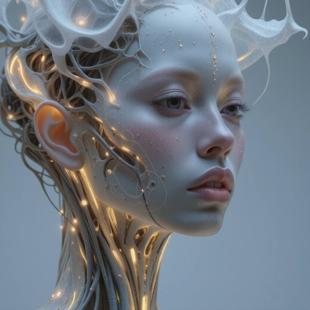 Biopunk person, with futuristic bioluminescent accents, with an emphasis on the blurring of lines between living tissue and artificial constructs. A biological engineering aesthetic with a focus on symbiotic relationships between organic and synthetic elements.  <lora:flux_trainer/fluxPunk_v12_rank16_bf16>,  <lora:flux/ARTifacts>,  <lora:flux/flux_realism_lora>,