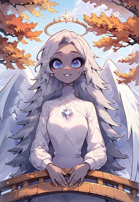 safe_pos, masterpiece, score_9_up, score_8_up, score_7_up, score_6_up, source_anime, (best quality:1.1), ultra-detailed, high resolution, solo, highly detailed macro illustration, 1girl, Emily, angel, Beautiful big blue eyes, Long eyelashes, white hair, gray skin, white freckles, angel wings, (no nose:1.1) angel, angel wings, (cute expression, cute face:1.1), white sweater, areola, outside, ((beautiful detailed eyes)), morning, standing on a wooden bridge over a stream, autumn forest, leaves falling, mist in the air, Highly Visible, 8k, sharp focus, perfect lighting, anatomically correct, extremely detailed, soft diffused light, peaceful surroundings, high detail, serene and quiet, Expressiveh, detailed background, OverallDetail, OverallDetail, Expressiveh, zPDXL3