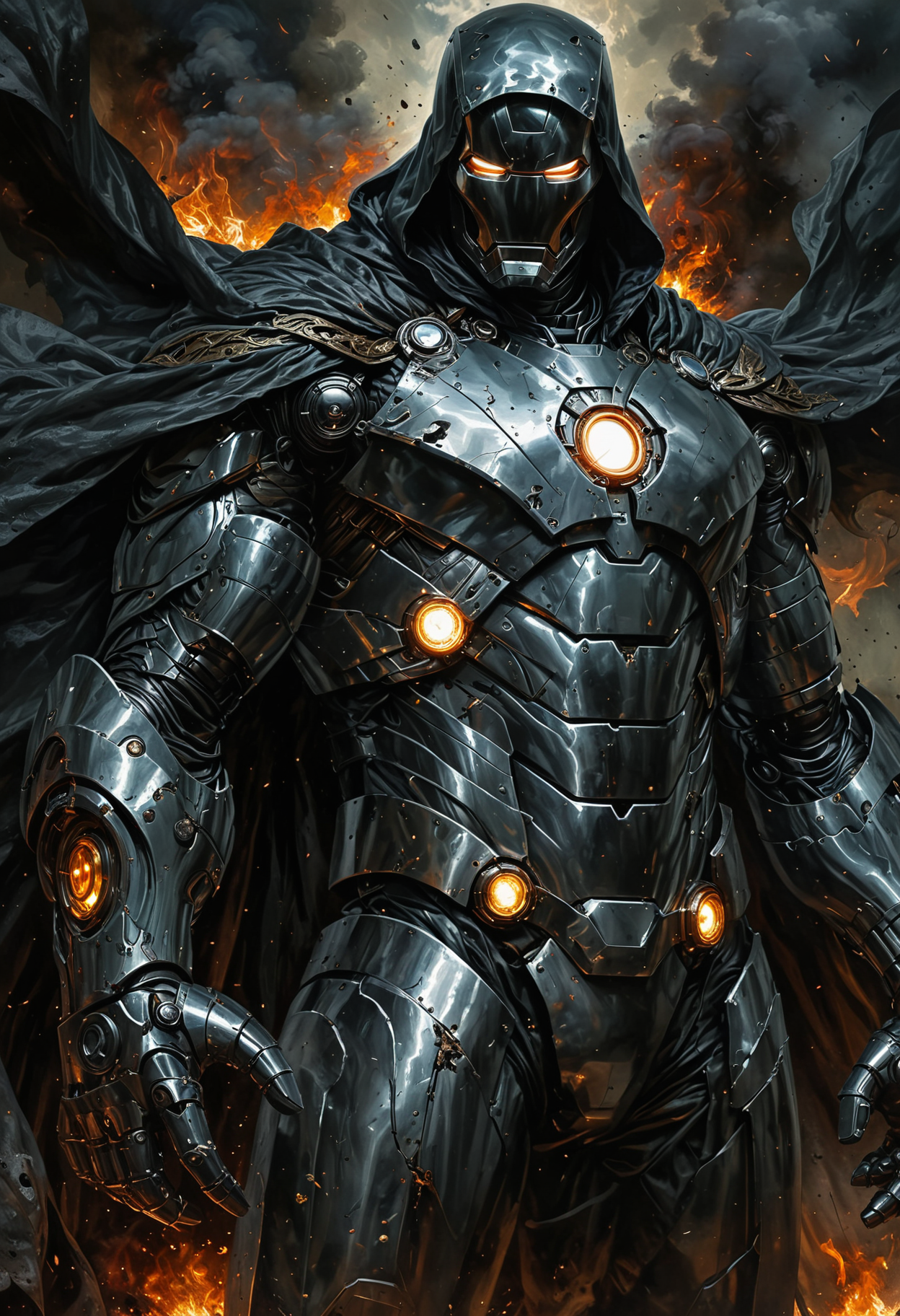 A grimly imposing Iron Man as Doctor Doom, cloaked in shadow, hooded and mysterious. The formidable figure looms, metallic armor melded with dark sorcery, creating a hauntingly powerful presence. This evocative image, likely a painting, showcases a unique and captivating merging of two iconic comic book characters. The intricate details, from the billowing cloak to the menacing hood, are rendered with stunning realism and depth. The intense atmosphere and expert craftsmanship make this imagery truly mesmerizing.
OverallDetailXL  <lora:SDXLFaeTastic2400:0.4>  <lora:DetailMaximizer:0.7> detailmaximizer <lora:MJ52:0.3>