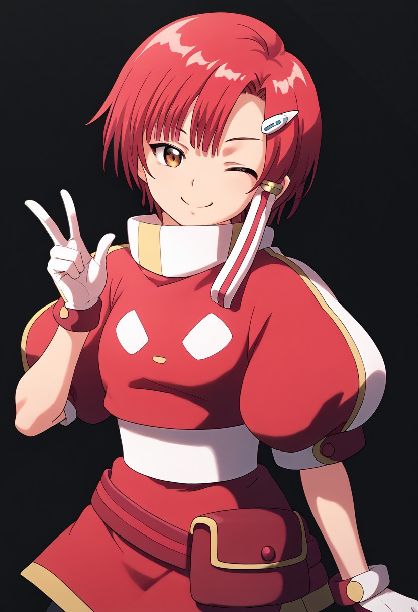 score_9, score_8_up, score_7_up, score_6_up, score_5_up, score_4_up, source_anime, red hair, kachua rees, short hair, gloves, brown eyes, short sleeves, puffy sleeves, smile, wink