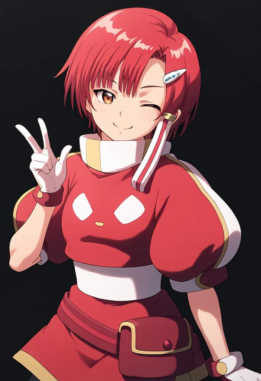 score_9, score_8_up, score_7_up, score_6_up, score_5_up, score_4_up, source_anime, red hair, kachua rees, short hair, gloves, brown eyes, short sleeves, puffy sleeves, smile, wink