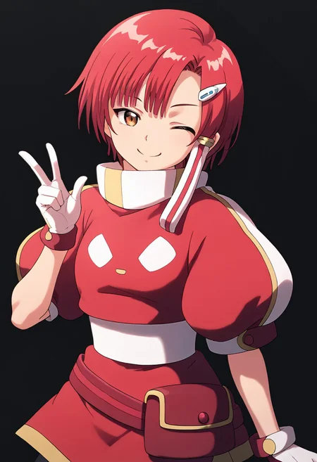 score_9, score_8_up, score_7_up, score_6_up, score_5_up, score_4_up, source_anime, red hair, kachua rees, short hair, gloves, brown eyes, short sleeves, puffy sleeves, smile, wink