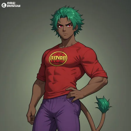 Dark skinned male, serious face, neon green hair, red eyes, wild hair, purple Pants, red shirt ,lion logo on shirt