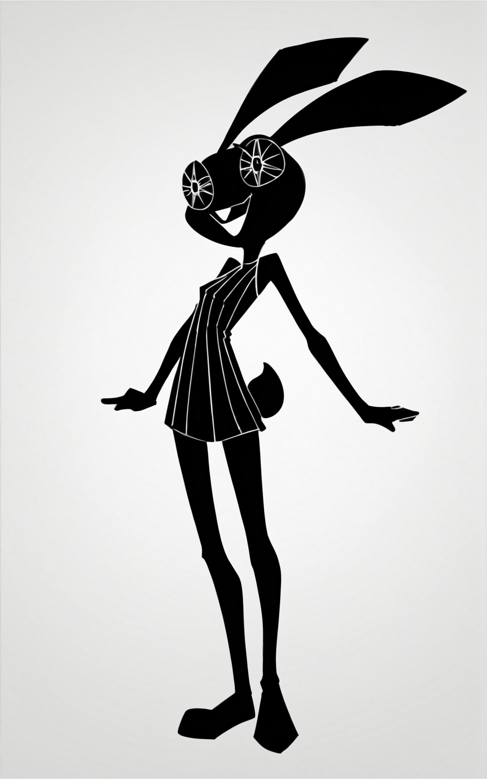 score_9, score_8_up, score_7_up,((best quality)), absurdres,((full body)),<lora:3d-2d:0.8>,   <lora:VibriPXL:0.8>,VibriPXL,black dress, dress, black skin, rabbit ears, gem eyes,solo, white background, slim,solo,monochrome, greyscale,sleeveless, striped dress,short dress,smile,skin tight dress