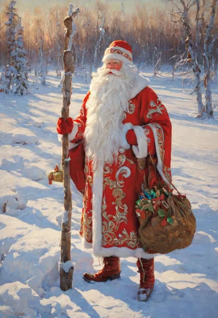 masterpiece, best quality, oil painting, DedMoroz, 1boy, kind face of an old man, thick eyebrows, long beard, sitting on stump, large bag with gifts at his feet, red high boots, frozen ice lake, holding an ice staf, provincial Russian village in the background, snow, frost and sun, wonderful day, ultradetailed, <lora:DedMoroz:1>, Viktor Vasnetsov