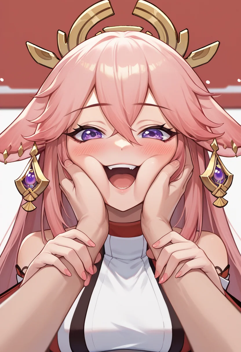score_9, score_8_up, score_7_up, 1girl, cheek squash, hands on another's face, hands on another's cheeks, solo focus, pov hands, <lora:POVCheekSquash_XLPD:1>, yae miko, blush, happy,