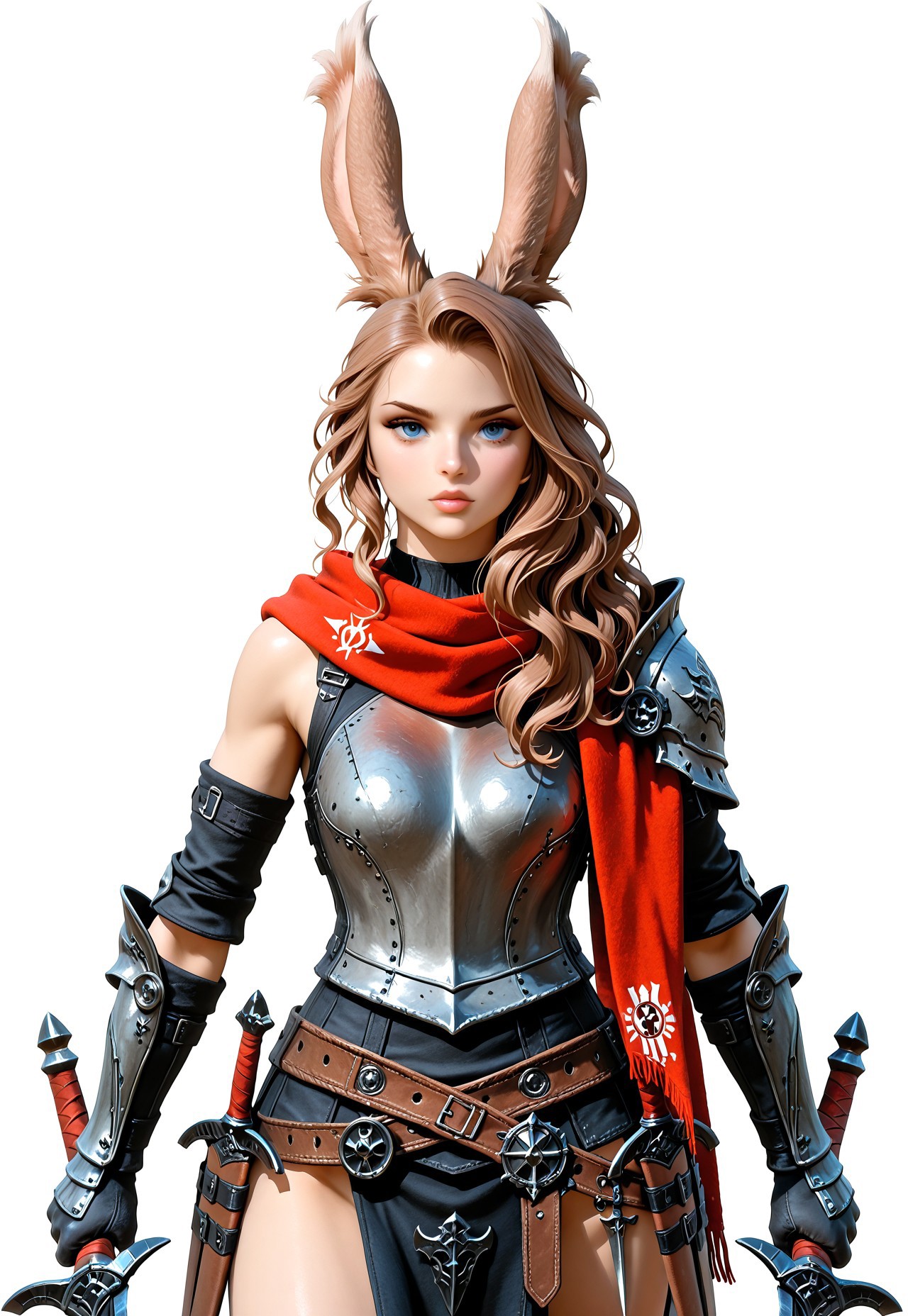masterpiece, very aesthetic, high score, newest, best quality, FF_V13R4, 1girl, solo, long hair, looking at viewer, blue eyes, simple background, brown hair, gloves, white background, holding, animal ears, weapon, sword, scarf, holding weapon, armor, rabbit ears, lips, wavy hair,  dual wielding, red scarf, dagger, viera