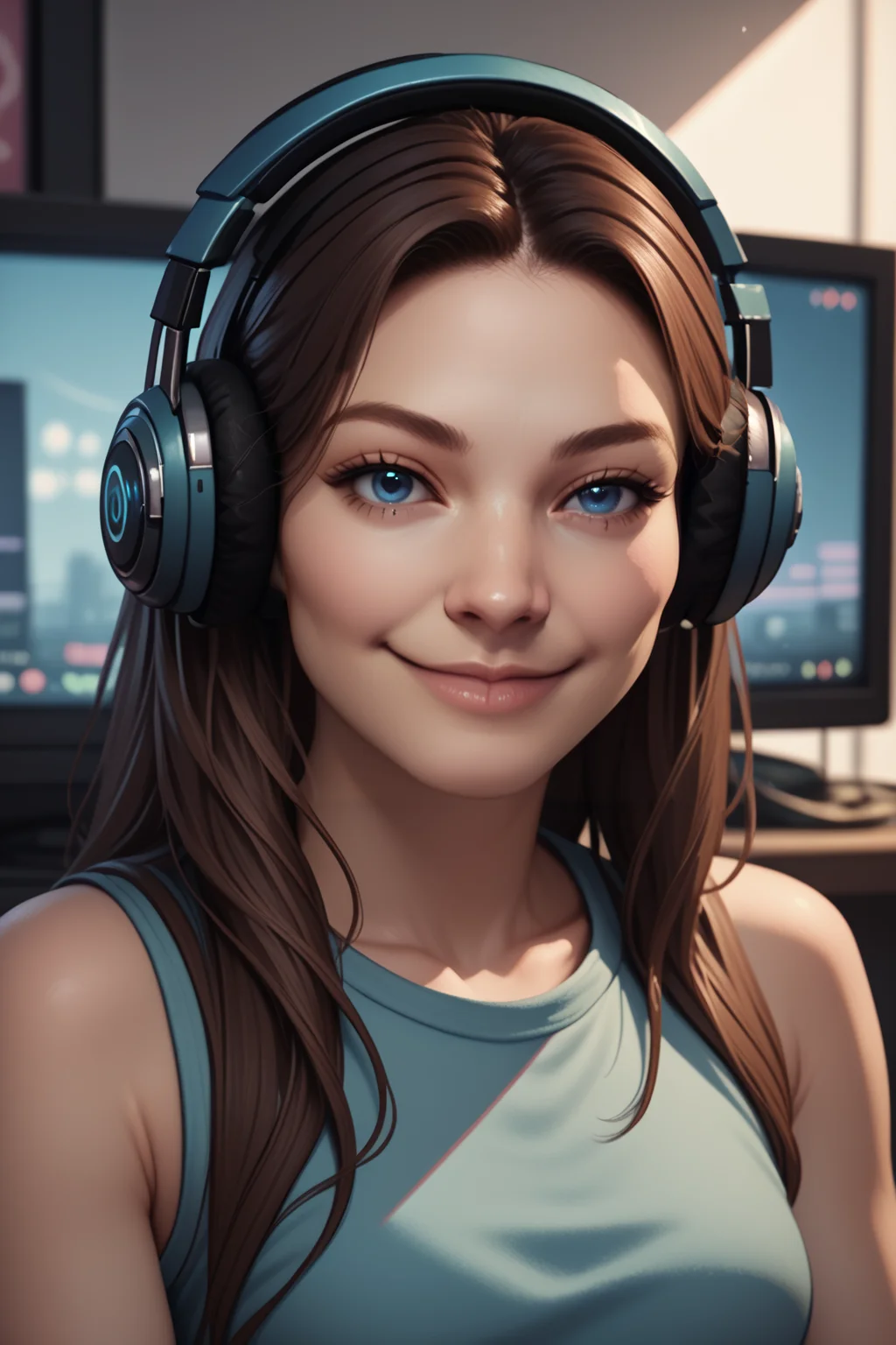 slrzztx, 1girl, solo, headphones, brown hair, long hair, lips, blue eyes, monitor, looking at viewer, realistic, bare shoulders, smile, PonyXLV6_Scores, <lora:SemiRealPonyXL:0.8>