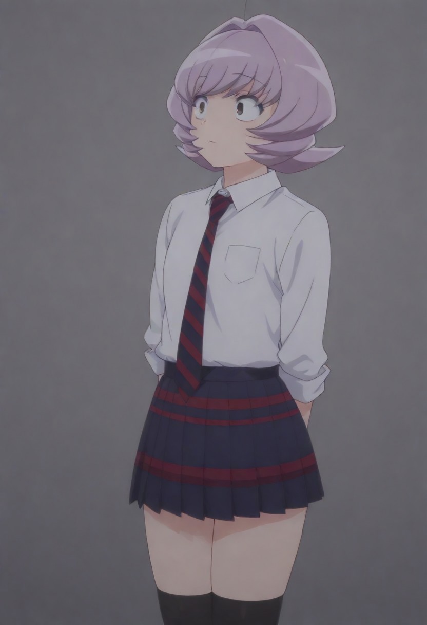 masterpiece, best quality, amazing quality,,, shiny skin,,,,,<lora:Osana_Najimi_cnn:0.8> osananajimicnn,,short hair, brown eyes,androgynous, light purple hair, school uniform, white shirt, striped necktie,striped skirt, pleated skirt,black thighhighs,