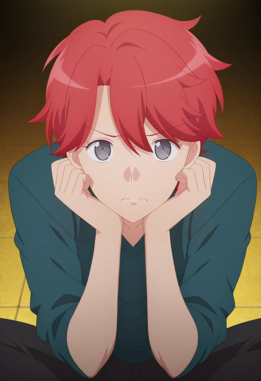 masterpiece, best quality, , anime screencap, , official style, looking at viewer, 1boy, solo, male focus, <lora:sirius_dieke_ilxl:0.9>, sirius_dieke, red hair, grey eyes, short hair, , sitting on the floor, head in hands, frustrated expression, leaning forward pose, dim light, henley,