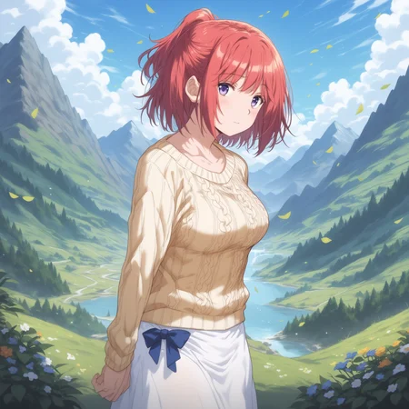 (score_9, score_8_up, score_7_up, score_6_up, score_5_up, score_4_up), best quality, masterpiece
BREAK
yuri_olis, 1girl, solo, red hair, medium hair, ponytail, purple eyes, aran sweater, white skirt, dress bow, looking at viewer, arms behind back
BREAK
village, nature, forest, mountainous horizon, mountain, river, outdoors, blue sky, day, sunlight, fantasy
<lora:yuri_TsumaWoDousoukaiNiIkasetara_sdxl_v1:1>