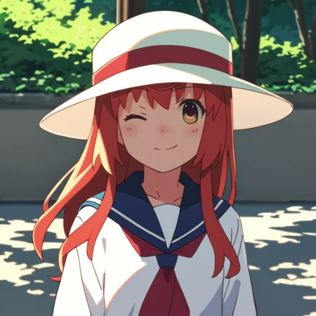 score_9, score_8_up, score_7_up, <lora:Buratei_Marii_v1:0.8> buratei_marii, long hair, sailor shirt, white hat, shade, outdoors, wind, one eye closed,