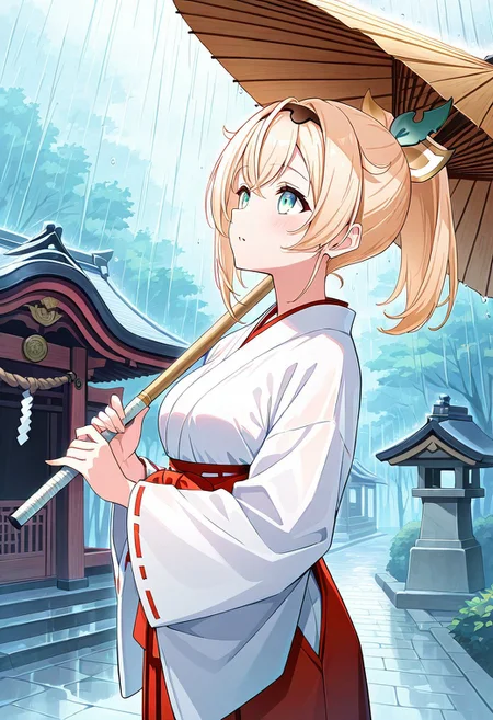 1girl, cowboy shot, 1girl, solo, kazama iroha, (Hololive), Vtuber, blonde hair, ponytail, hair ribbon, green eyes, medium breast,
Shrine Maiden, Miko, white shirt, red hakama,
easynegative, negative_hand, side view, holding umbrella, wood umbrella, looking up, raining.
official art, easynegative, dynamic image, masterpiece, amazing quality, HD32K, vibrant colours, HD32K, highly detailed, detailed background,