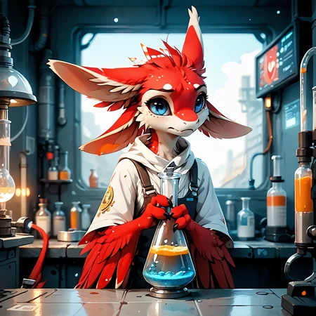 score_9, score_8_up, score_7_up, score_6_up, score_5_up, score_4_up, source_anime, <lora:Zavali_Pony_1:1> portrait of a female avali engineer in a white laboratory cloak and holding chemical flask, red feathers with black countershading, red fur, feathered arms, tail tuft, hands, claws, talons, three fingers on arms, flat chest. shallow depth of field, vignette, highly detailed, high budget Hollywood movie, bokeh, cinemascope, moody, epic, gorgeous, film grain, grainy