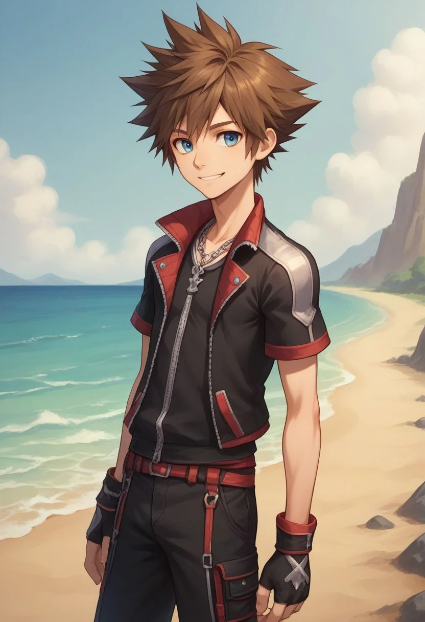 score_9, score_8_up, source_anime, highly detailed, 1boy, solo, male_focus slender, skinny,
sora, spiked hair, male focus, 1boy, brown hair, blue eyes, gloves, jewelry, solo, smile, fingerless gloves, zipper, standing, necklace,
outdoor, island, beach,
