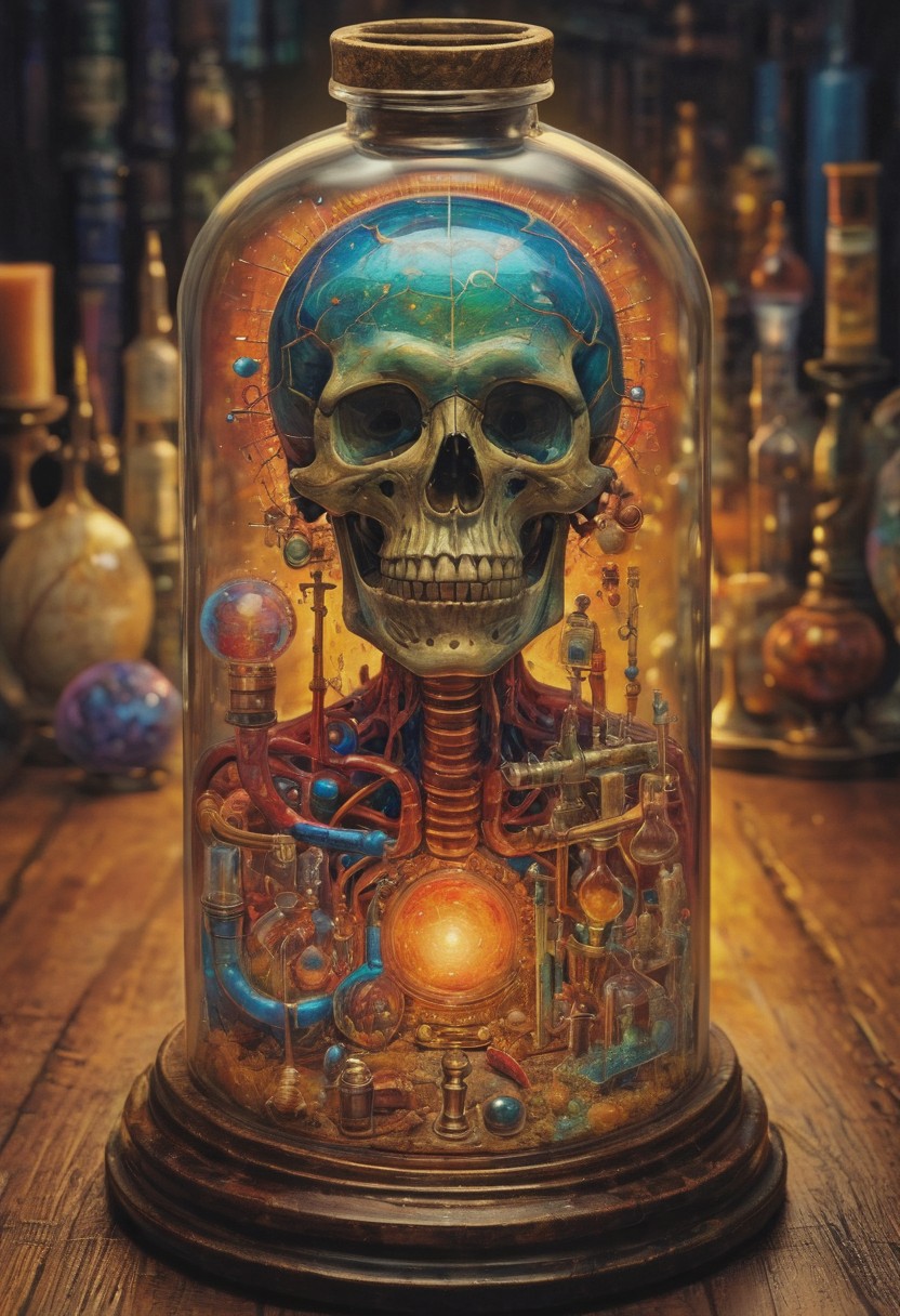 (art by Eduard Wilhelm Pose and Master of the Holy Blood and Ivan Bilibin:1.1), symmetry and balance, detailed, FastNegativeV2, ral-dissolve,Completely (James Ensor,Unica Zurn,Zdzislaw Beksinki:1.25), Paranormal, Apparition, intricate, oil on canvas, (surrealism:1.1), detailed, FastNegativeV2, amazing quality, masterpiece, best quality, hyper detailed, ultra detailed, UHD, perfect anatomy, (Award winning, masterpiece), alchemist, glass vial, flasks, vibrant colors, iridescent, alchemist laboratory, laboratory glassware, (philosopher's stone)