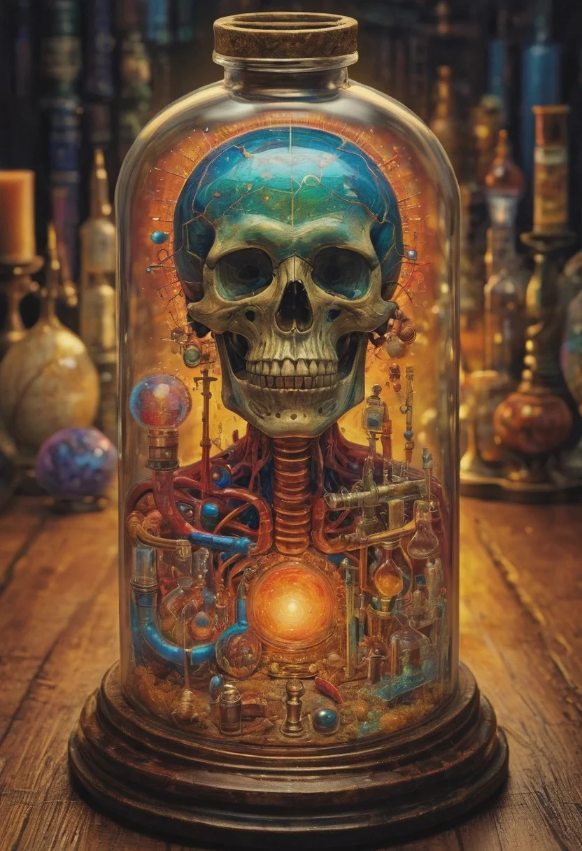 (art by Eduard Wilhelm Pose and Master of the Holy Blood and Ivan Bilibin:1.1), symmetry and balance, detailed, FastNegativeV2, ral-dissolve,Completely (James Ensor,Unica Zurn,Zdzislaw Beksinki:1.25), Paranormal, Apparition, intricate, oil on canvas, (surrealism:1.1), detailed, FastNegativeV2, amazing quality, masterpiece, best quality, hyper detailed, ultra detailed, UHD, perfect anatomy, (Award winning, masterpiece), alchemist, glass vial, flasks, vibrant colors, iridescent, alchemist laboratory, laboratory glassware, (philosopher's stone)