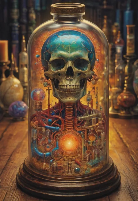 (art by Eduard Wilhelm Pose and Master of the Holy Blood and Ivan Bilibin:1.1), symmetry and balance, detailed, FastNegativeV2, ral-dissolve,Completely (James Ensor,Unica Zurn,Zdzislaw Beksinki:1.25), Paranormal, Apparition, intricate, oil on canvas, (surrealism:1.1), detailed, FastNegativeV2, amazing quality, masterpiece, best quality, hyper detailed, ultra detailed, UHD, perfect anatomy, (Award winning, masterpiece), alchemist, glass vial, flasks, vibrant colors, iridescent, alchemist laboratory, laboratory glassware, (philosopher's stone)