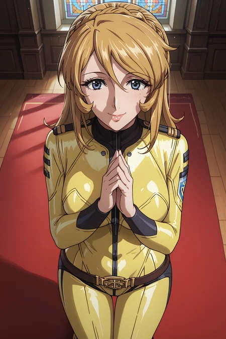 score_9, score_8_up, score_7_up, score_6_up, score_5_up, score_4_up, source_anime, BREAK, (extremely detailed CG, best quality:1.1), high quality, masterpiece, mature female, nfsw, uncensored, milf, 1girl, solo, long hair, breasts, smile, blue eyes, blonde hair, bown hair, brown eyes, medium breasts, belt, uniform, grey eyes, military, bodysuit, skin tight, yellow bodysuit, epaulettes, boots, Yuki Mori, mature female, bridal veil, crown braid, praying, habit, perspective, cathedral, red carpet, romantic, full body, <lora:Yuki_Mori:1> <lora:cfg_scale_boost:0.3>