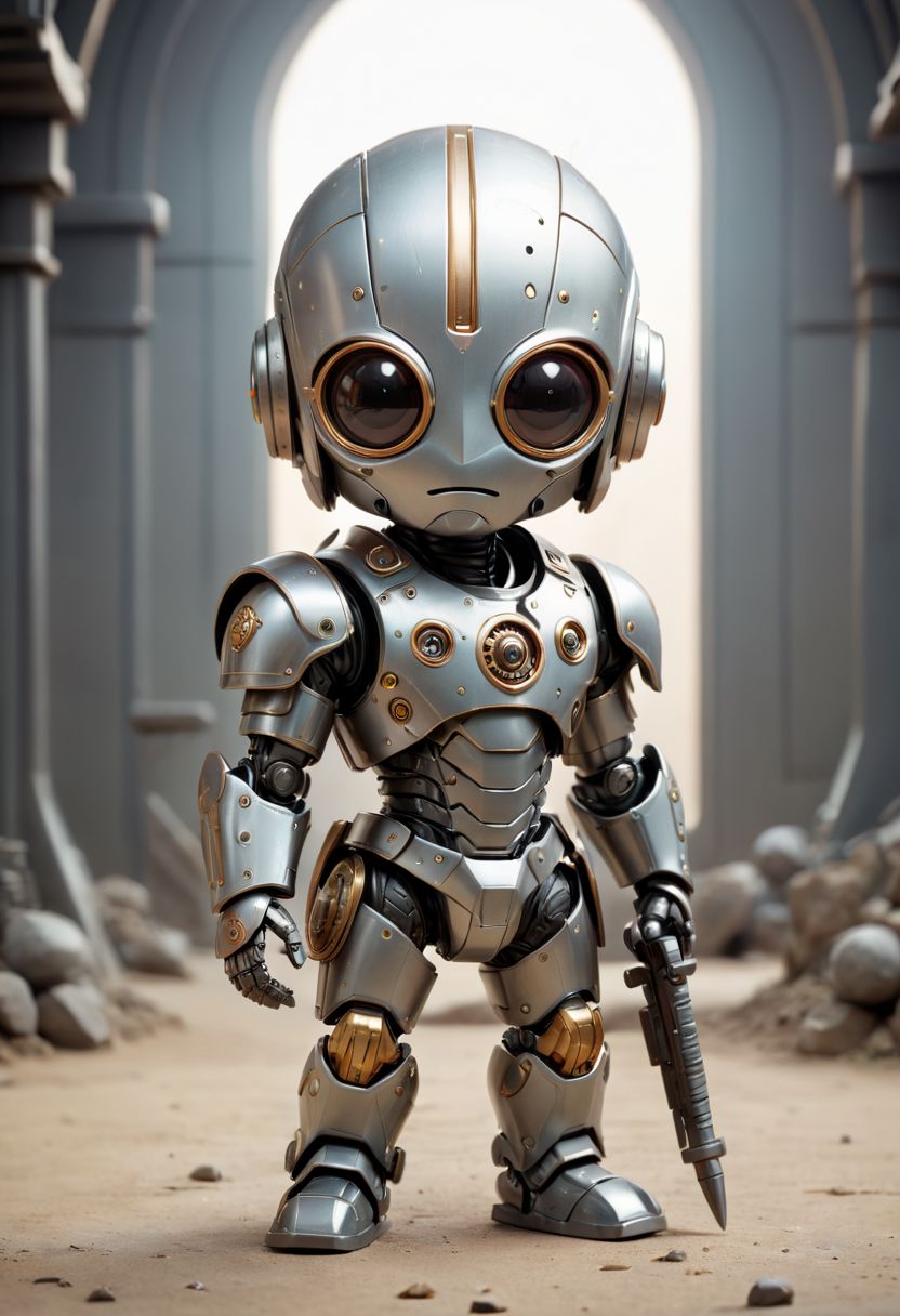 Cute little happy miniature chibi futuristic robot with big comically weapon , wearing armor and plated armor, holding weapon